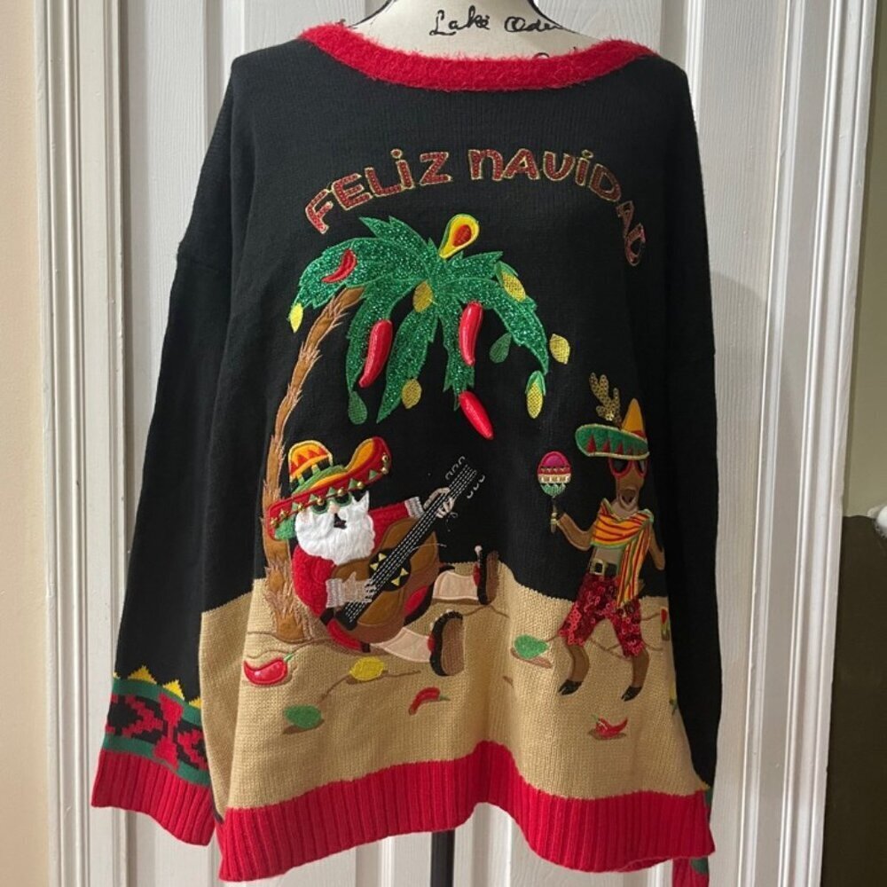 CHRISTMAS UGLY SWEATER FELIZ NAVIDAD SANTA IN A‎ HOT PEPPER TREE SIZE XXL